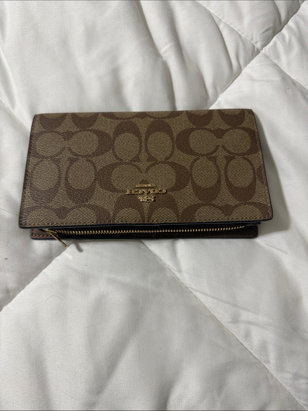 Coach Brown Signature Monogram Continental Wallet with Gold Logo